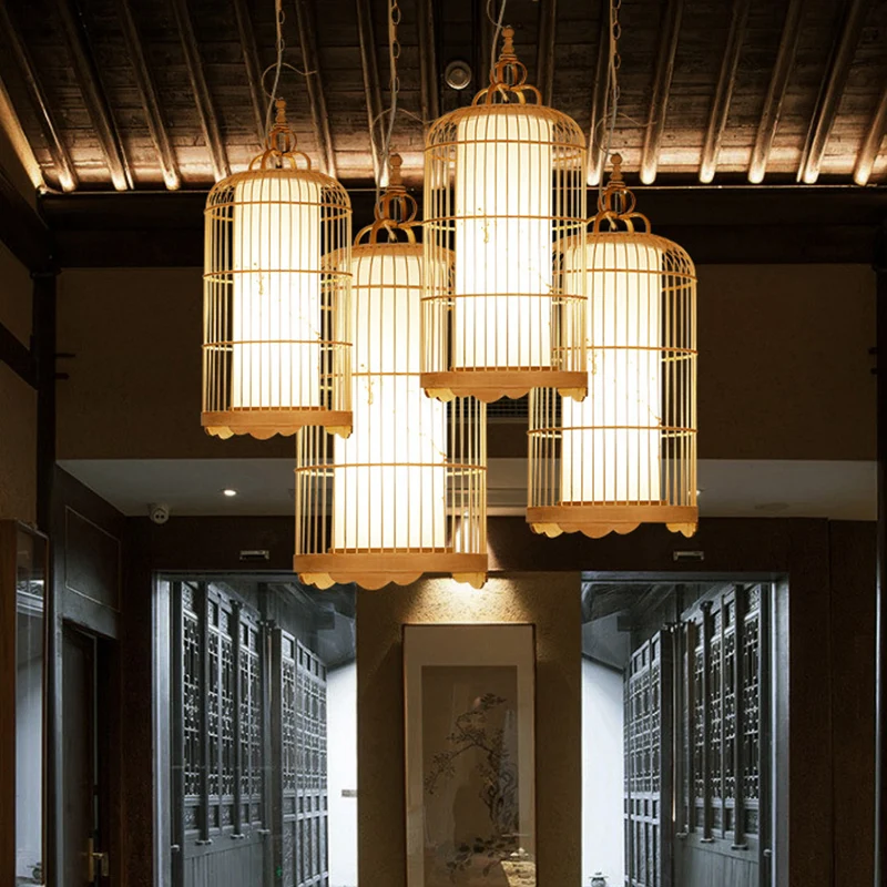 Plafonnier cage à oiseaux en bambou pour salle à manger, 9,5"/14"/16" de espacioso, luminaire suspendu asiatique à 1 lumiè...