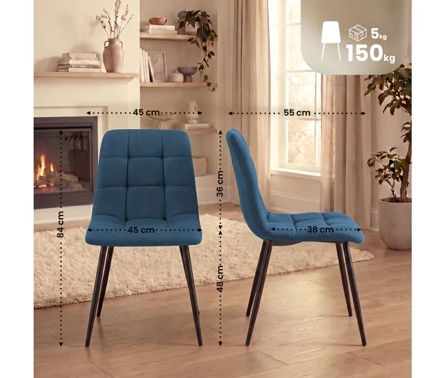 Set de dos sillas de comedor Tilde en tela o terciopelo Azul 54X45X83 cm