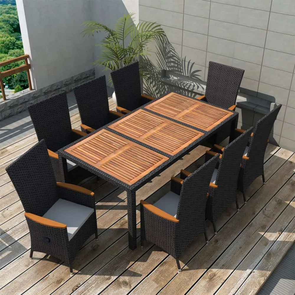 vidaXL set comedor jardín 9 pzas ratán sintético y madera acacia negro