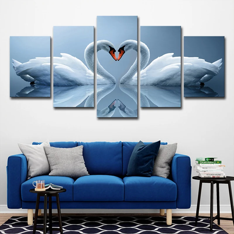 Zwanen liefde lona kunst meerdelige hedendaagse woonkamer wanddecoratie lichtblauw
