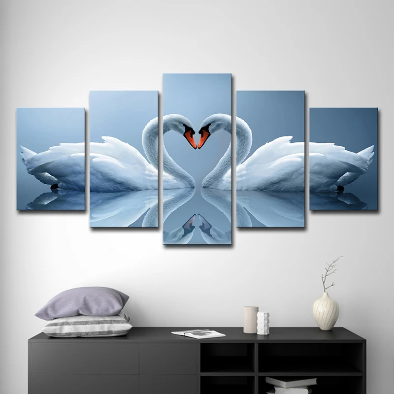 Zwanen liefde lona kunst meerdelige hedendaagse woonkamer wanddecoratie lichtblauw