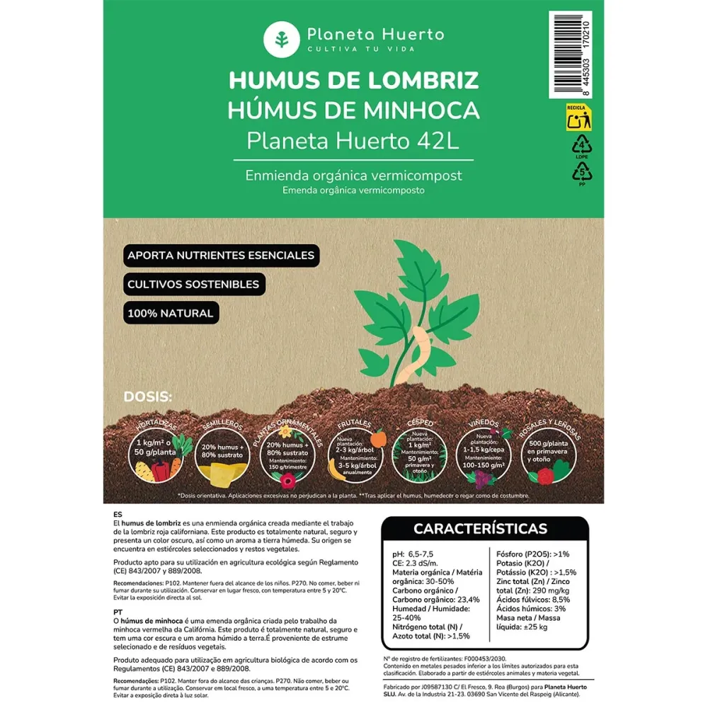 Humus de Lombriz Planeta Huerto 42 l con Garantí del Fabricante