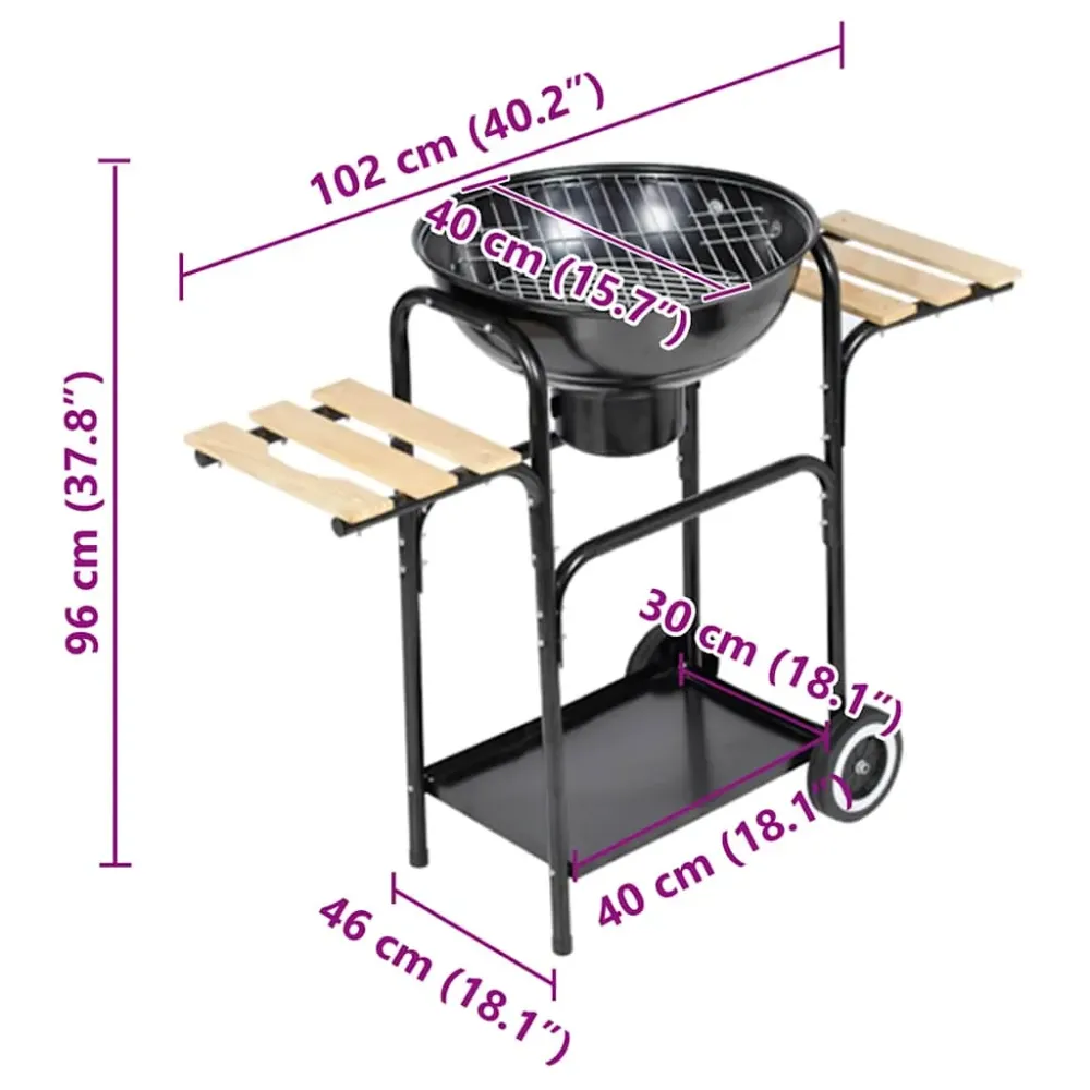 Barbacoa de carbón Louisiana con ruedas + 2 tablas laterales acero negro Ø44 cm | Garantí Incluida
