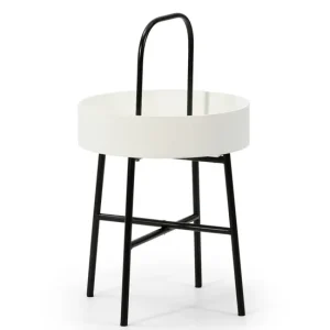 Mesa Auxiliar Redonda Jaipur, Tapa de MDF Blanco, Estructura metálica, Negro Mate, 40 cm con Base de Parasol