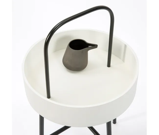Mesa Auxiliar Redonda Jaipur, Tapa de MDF Blanco, Estructura metálica, Negro Mate, 40 cm con Base de Parasol