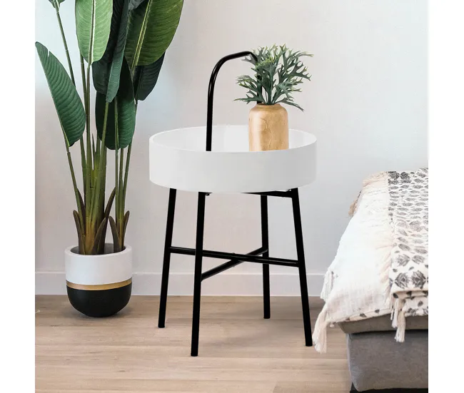 Mesa Auxiliar Redonda Jaipur, Tapa de MDF Blanco, Estructura metálica, Negro Mate, 40 cm con Base de Parasol
