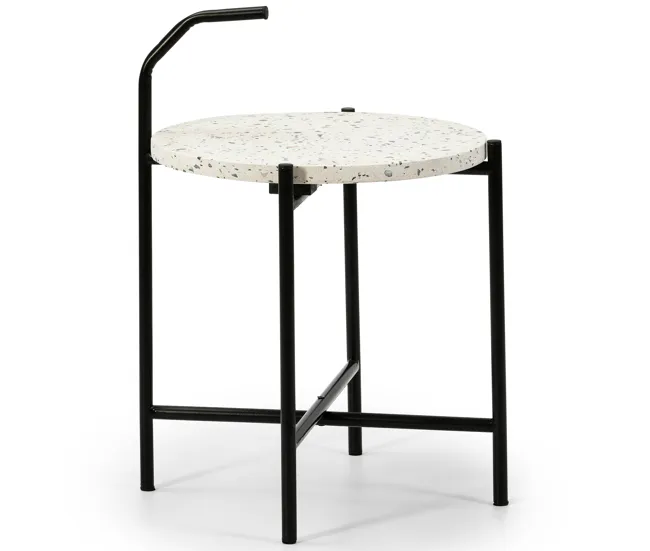 Mesa Auxiliar Redonda Yala, Tapa de terrazo Blanco y Patas metálicas Negro Mate/DIAMETRO: 41 cm Material WPC