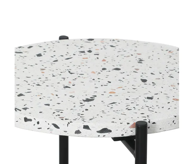 Mesa Auxiliar Redonda Yala, Tapa de terrazo Blanco y Patas metálicas Negro Mate/DIAMETRO: 41 cm Material WPC