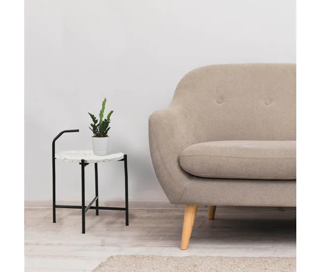 Mesa Auxiliar Redonda Yala, Tapa de terrazo Blanco y Patas metálicas Negro Mate/DIAMETRO: 41 cm Material WPC