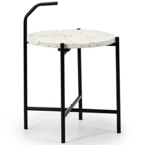 Mesa Auxiliar Redonda Yala, Tapa de terrazo Blanco y Patas metálicas Negro Mate/DIAMETRO: 41 cm con 4 Sillas Incluidas