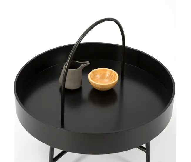 Mesa de Ratán Mesa de Centro Redonda Manila, Tapa de MDF Negro, Estructura metálica Negro Mate, 60 cm