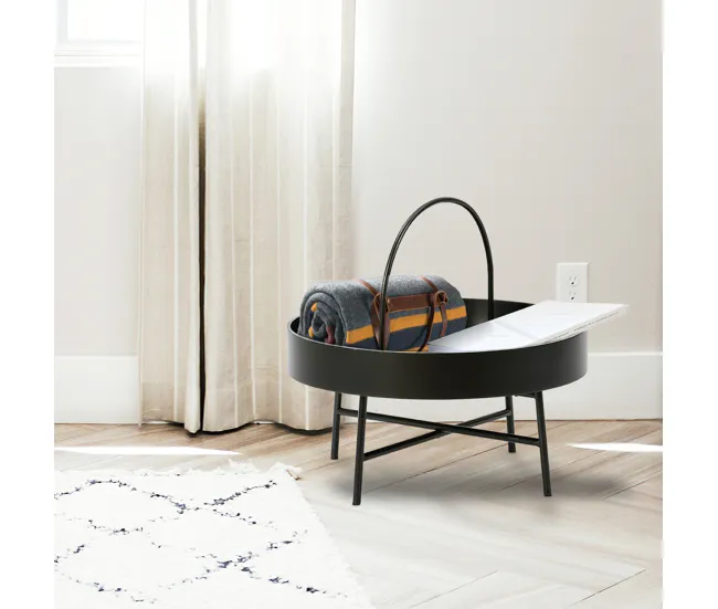 Mesa de Ratán Mesa de Centro Redonda Manila, Tapa de MDF Negro, Estructura metálica Negro Mate, 60 cm