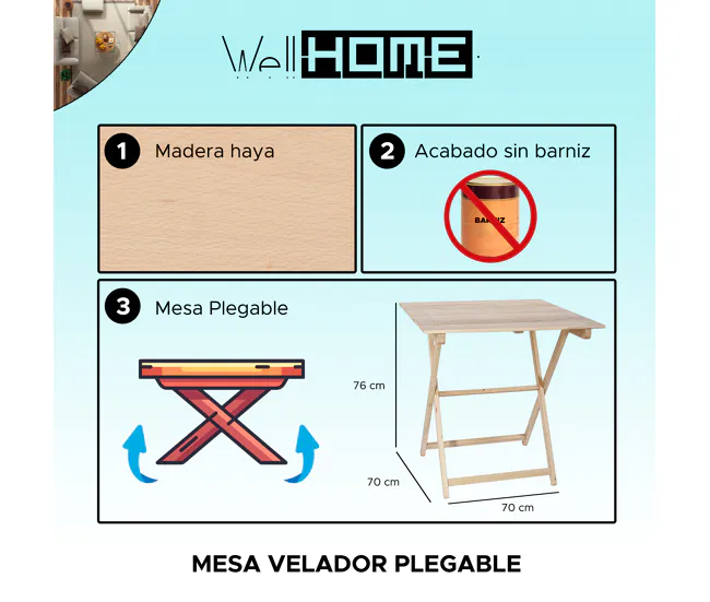 Mesa Velador de haya plegable con tablillas, acabado SIN barniz, 70x70x76 cm Fácil Almacenamiento