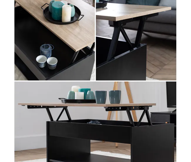 Resistente la Intemperie Mesa baja con tapa elevable negra y madera HEDDA