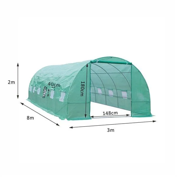 Invernadero de túnel Outsunny 12 ventanas con mosquitera verde 200x800x300 cm con Aplicador Incluido - Listo para Usar