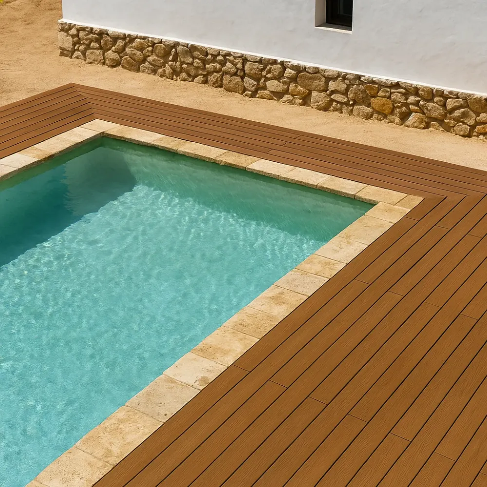 Lanza de Vapor Tabla Tarima exterior composite Supradeck Encapsulada – Color Teka, perfil macizo y sin mantenimiento
