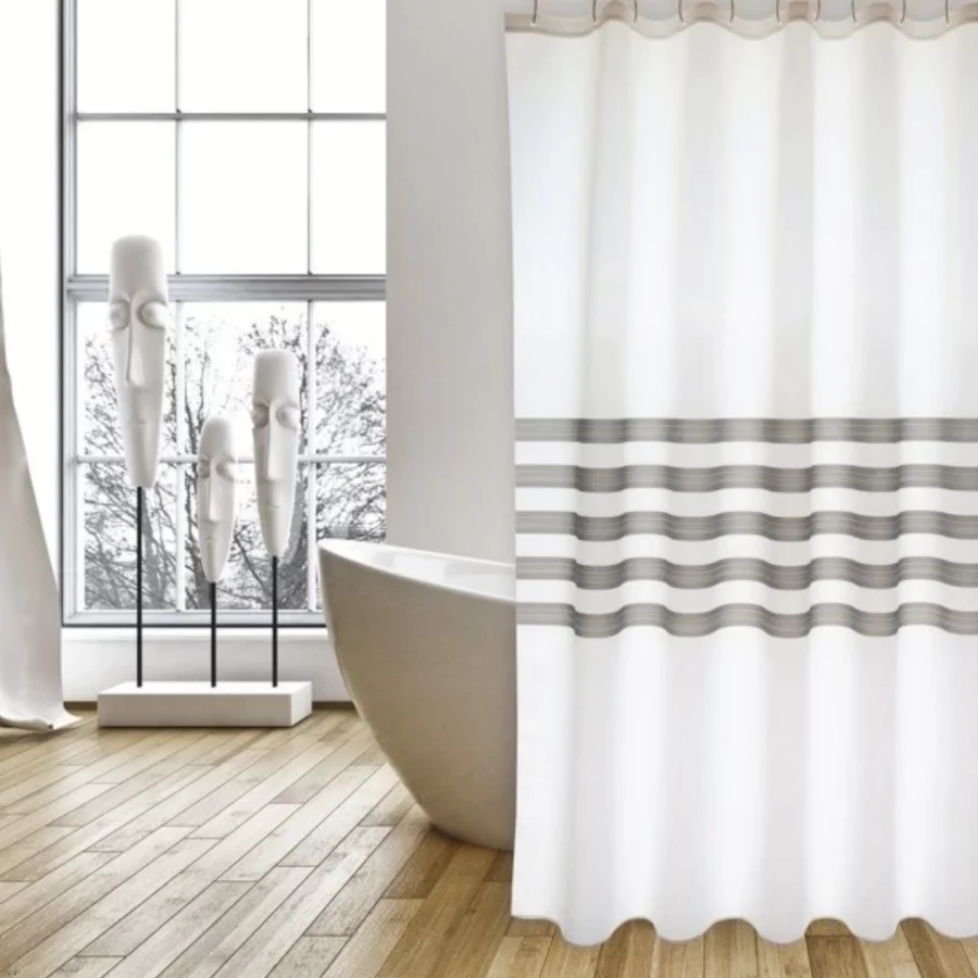 Tenda da doccia anti-muffa poliestere 100% bianco/grigio collezione DELIA con Boquilla Ajustable
