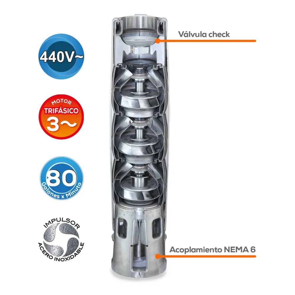 EQUIPO DE RIEGO SUMERGIBLE INOX TRIFÁSICA 80GPM 50.0HP 440V - SD680ME5000HI con Instalación en Minutos