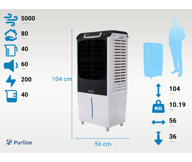 Climatizador evaporativo con un panel LED de control digitalizado con 3 velocidades, temporizador y oscilación automática...