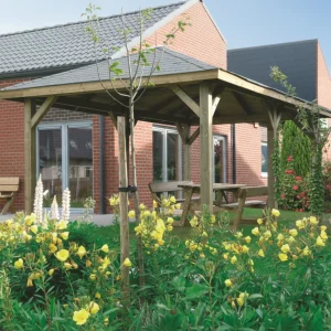 Kiosque de jardin en bois traité – 4,49 x 3,47 m – toit pyramidal shingle noir con Garantí de 3 ños
