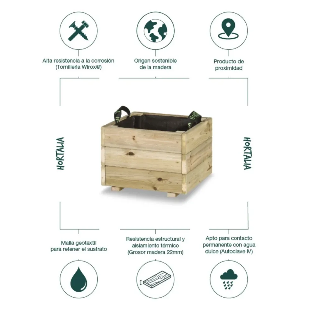 Jardinera de madera Pun Hortalia 40 x 40 x 30 cm | Drenaje Mejorado |