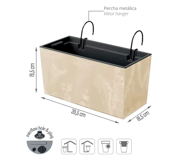 Maceta Urbi Case Beton Effect W , Dimensiones (Mm) 395X185X195, Color Crema para Espacios Pequeños