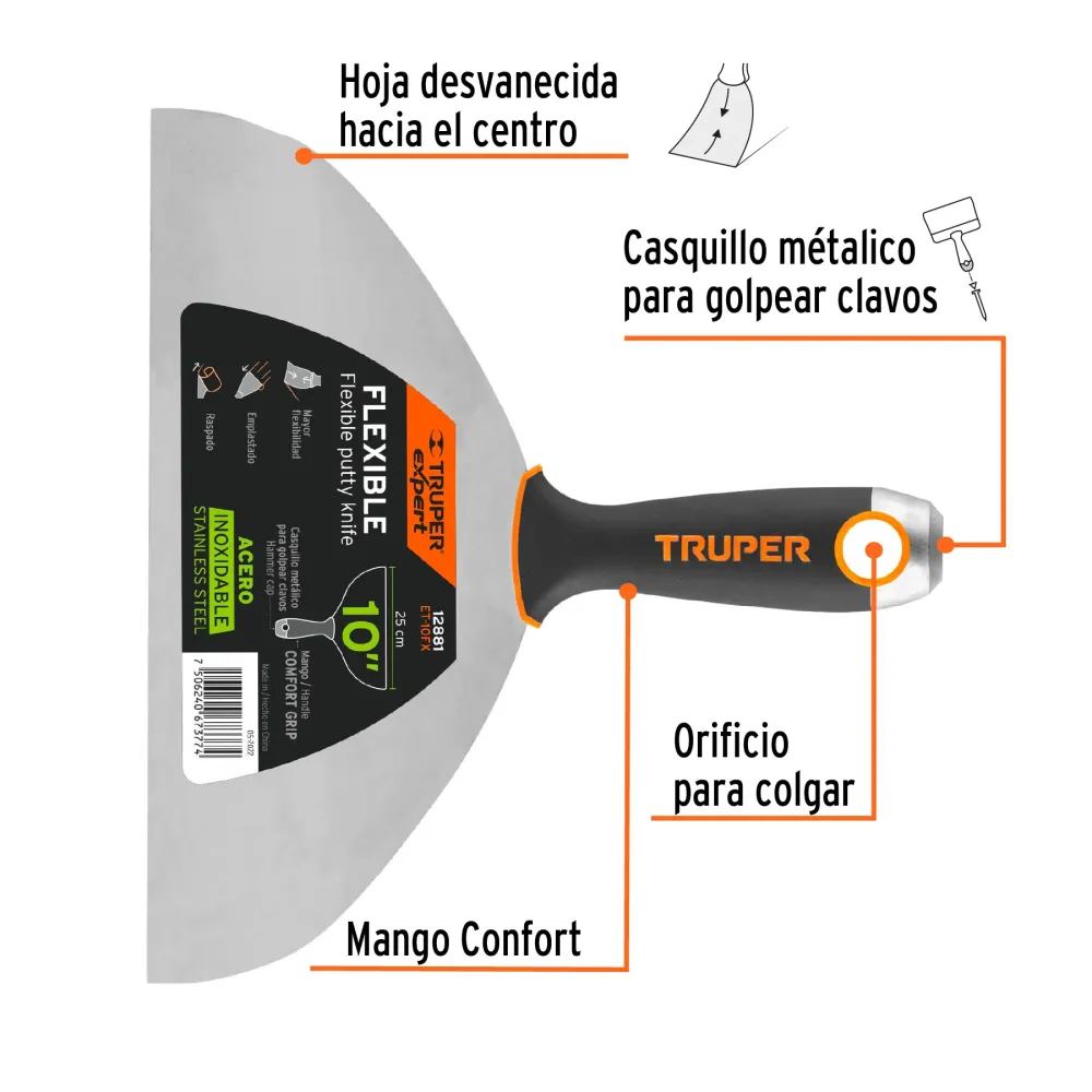 Espátula elástico 10", acero inoxidable, mango comfort grip
