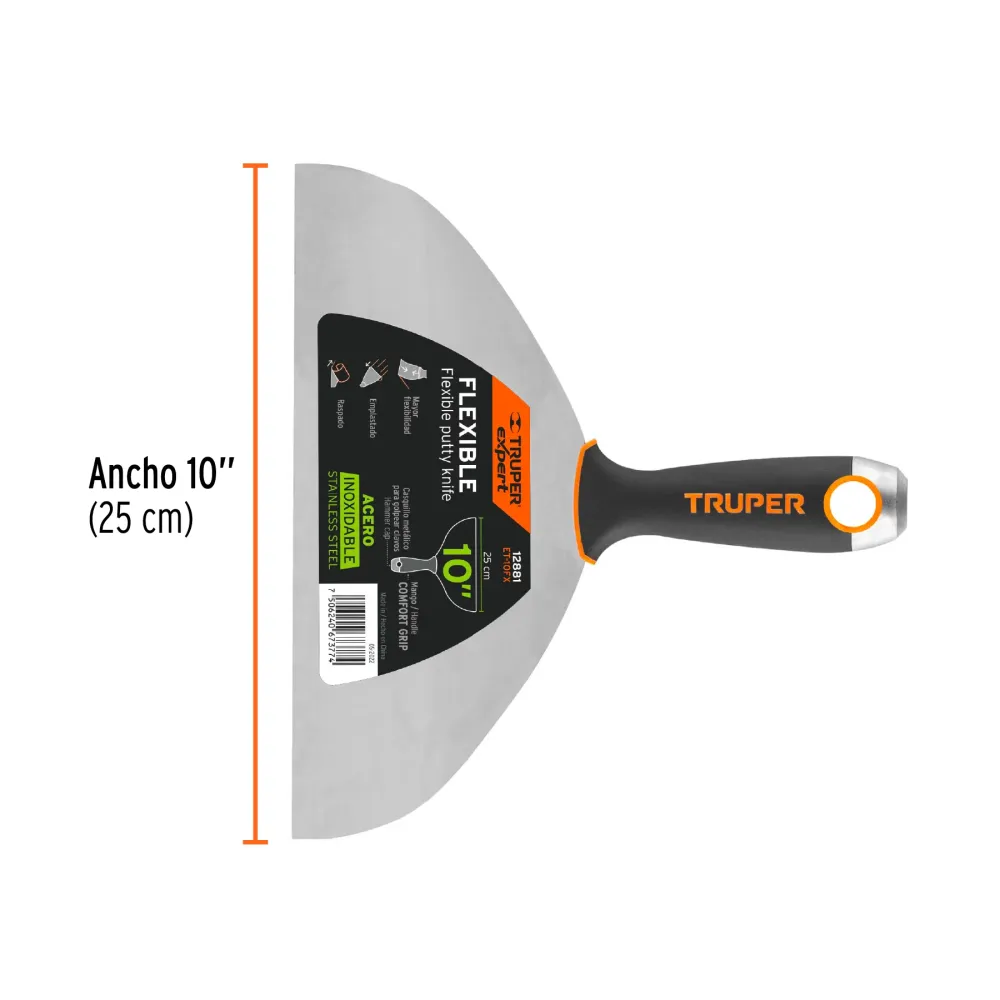 Espátula elástico 10", acero inoxidable, mango comfort grip