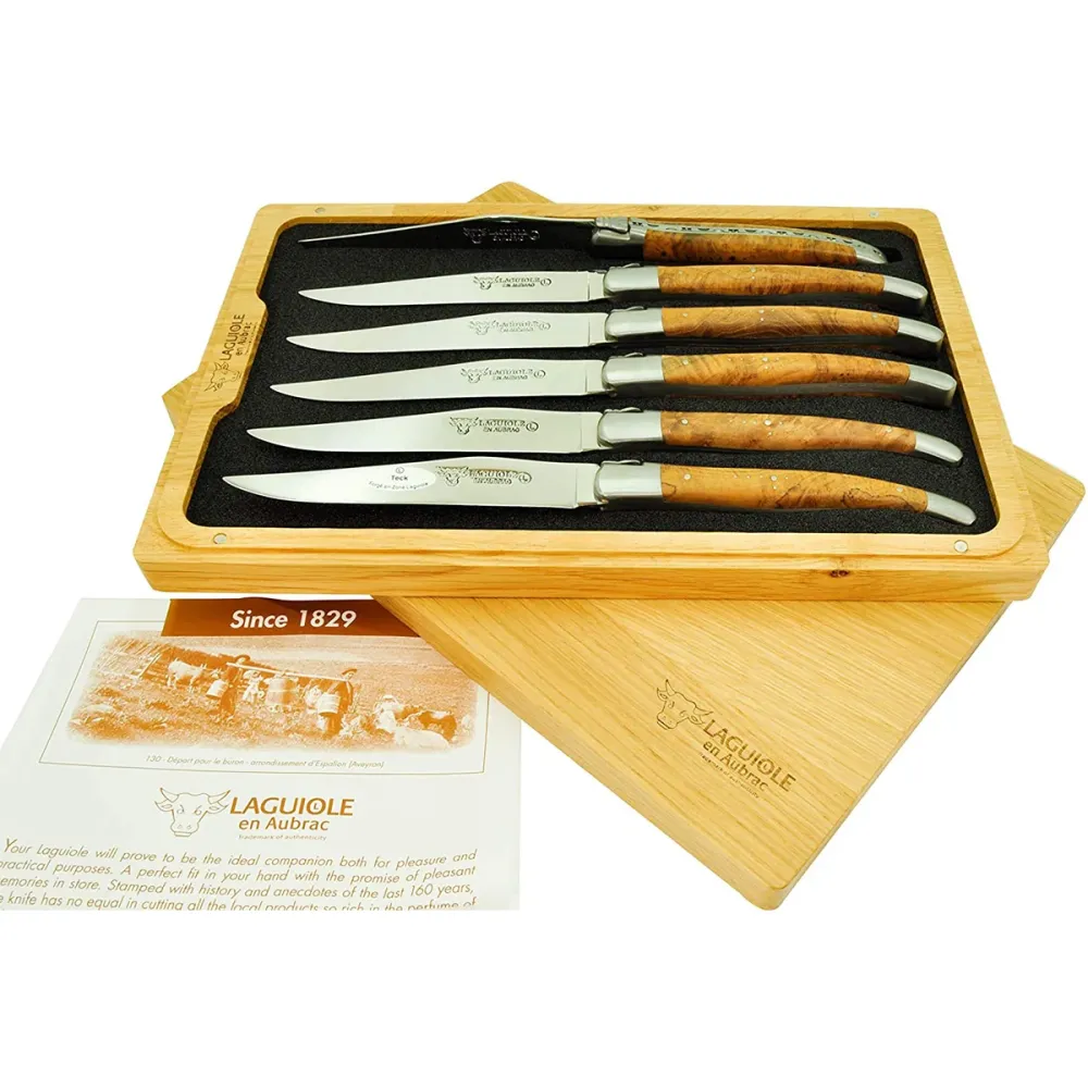 Laguiole en Aubrac Handcrafted 6-Piece Steak Knife Set Tekka Burl Wood Handles