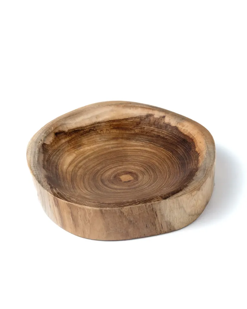 Plato para servir de madera de teka Lamongan, elaborado mano por artesanos de Indonesia, altura 3 cm Ø 13 cm.