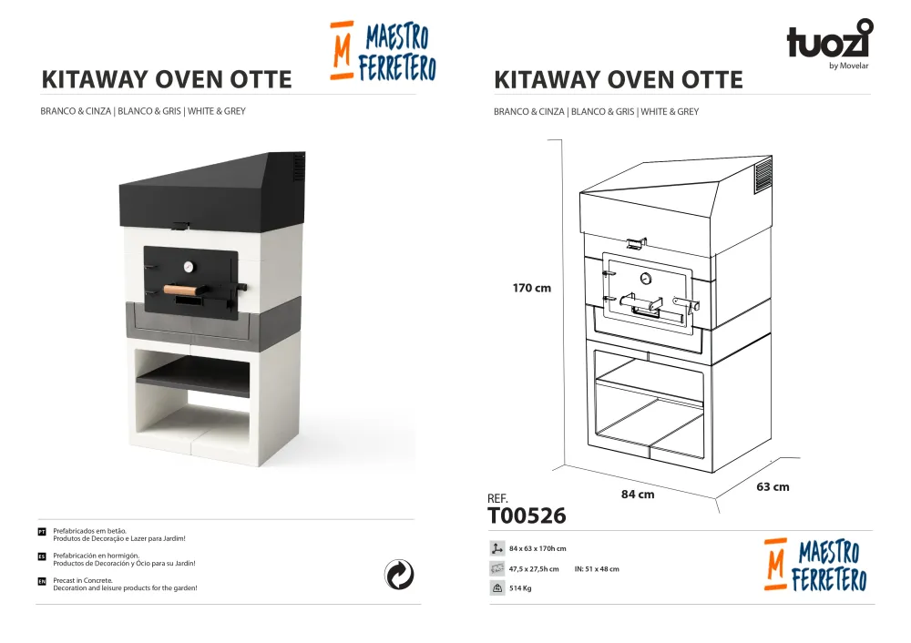 Tuozi - horno de leñ exterior modelo kitaway otte blanco,gris -84x63x170cm