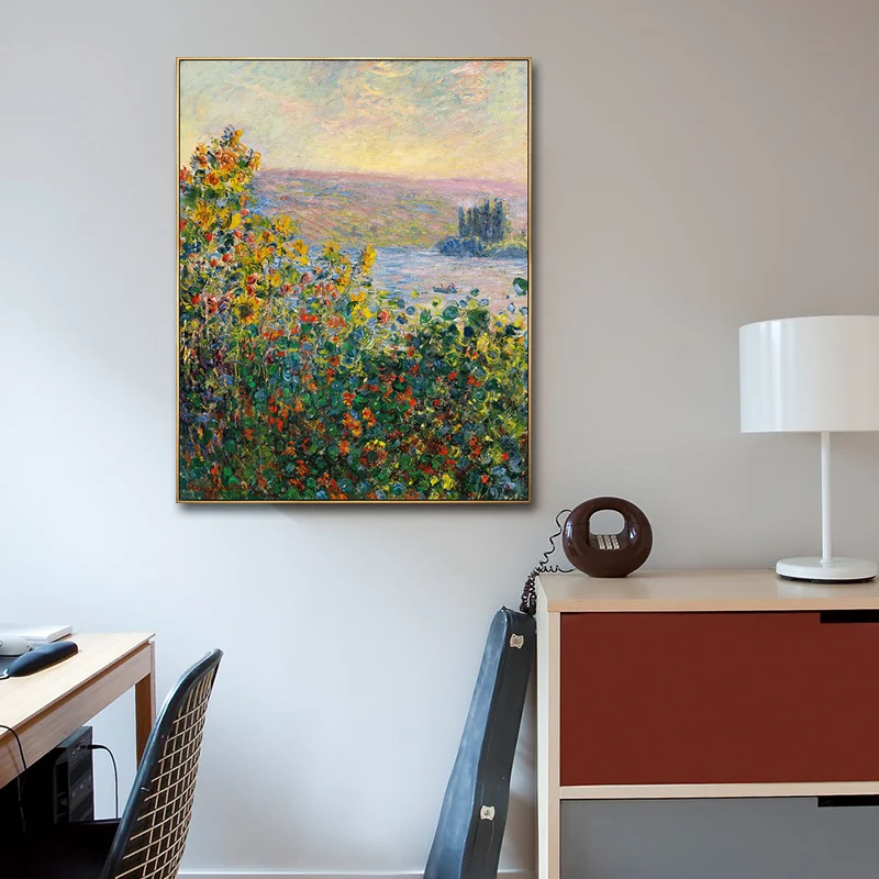 Décoration murale rustique verte, fleur en fleurs au bord de la rivière Witte, peinture pour la maison con Instalación Rápida