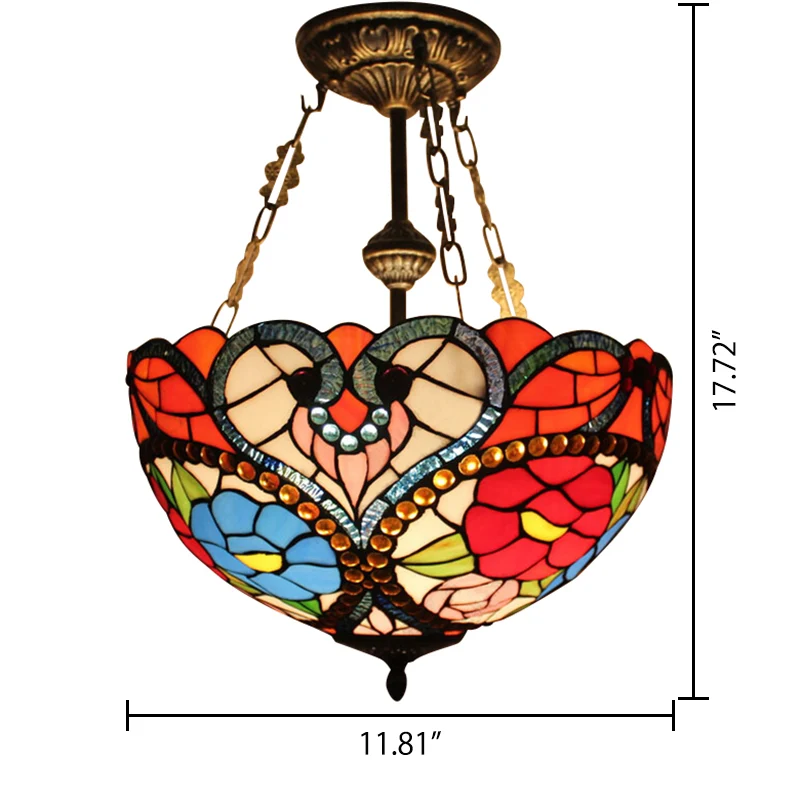 Plafonnier en vitrail, éclairage semi-encastré en forme de dôme victorien avec tige et motif floral para Delimitar Espacios