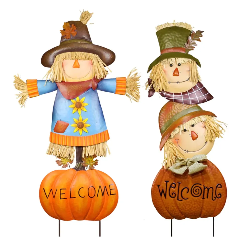 Estaca de metal multicolor alpino de 35 pulgadas de alto con forma de calabaza y espantapájaros para jardín al aire libre...