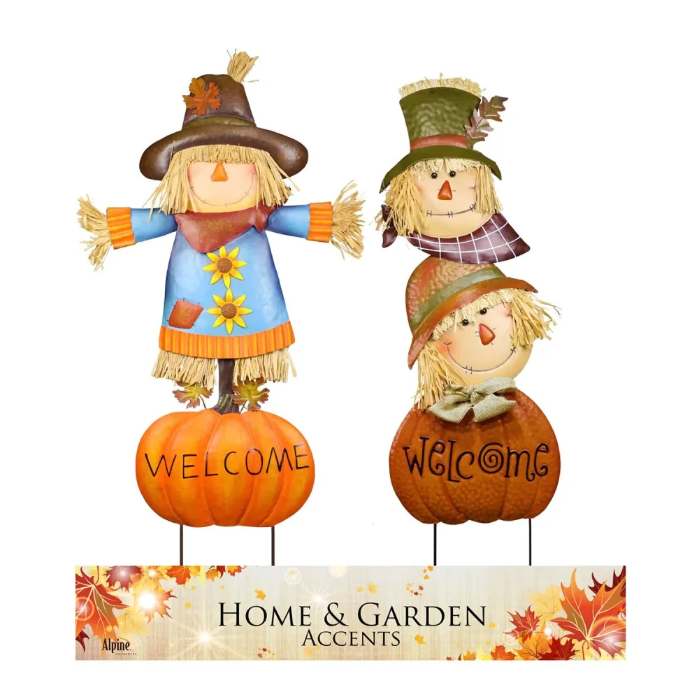 Estaca de metal multicolor alpino de 35 pulgadas de alto con forma de calabaza y espantapájaros para jardín al aire libre...