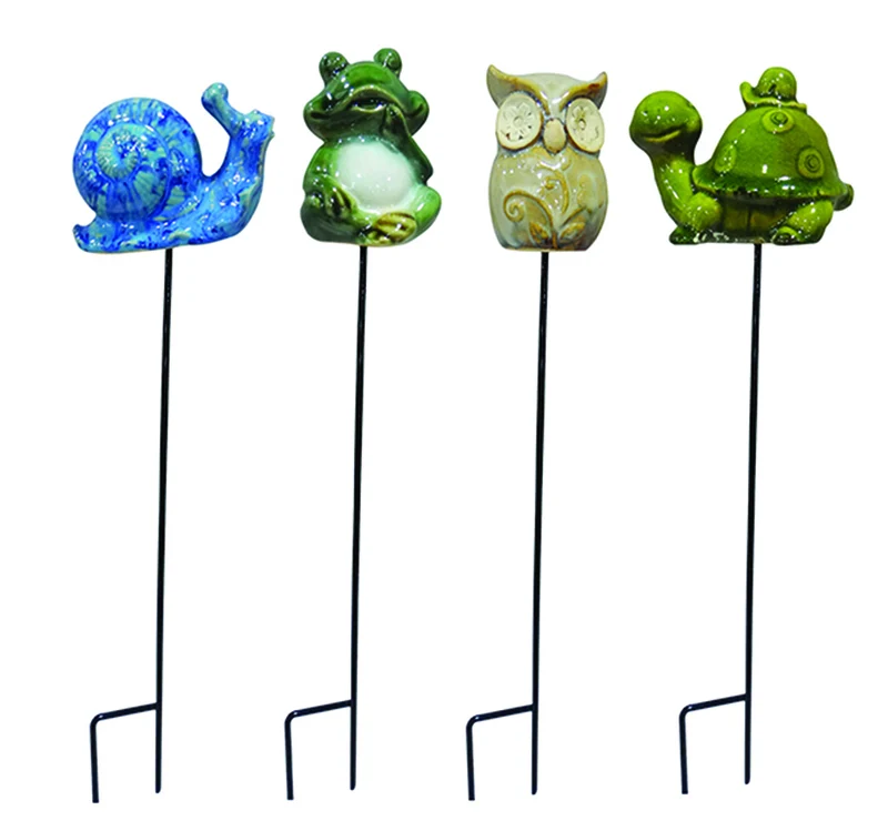Estaca para exteriores de cerámica alpina de 15 pulgadas de alto en forma de caracol, rana, búho o tortuga (paquete de 12)...